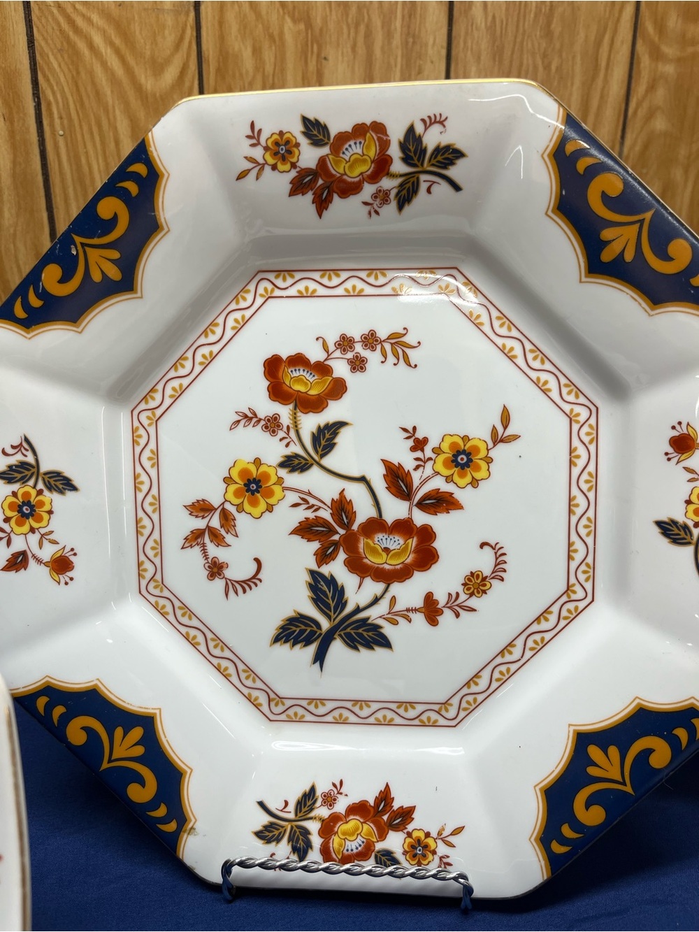 Octagonal Floral Serving Plate in White, Navy & Burnt Orange platter